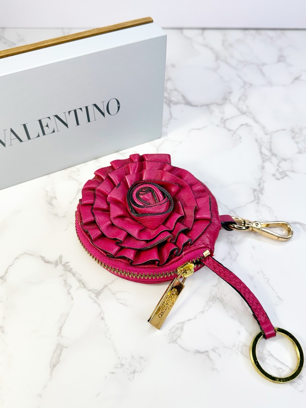 Valentino Garavani Fuchsia Flower Bag Charm/Coin Purse
